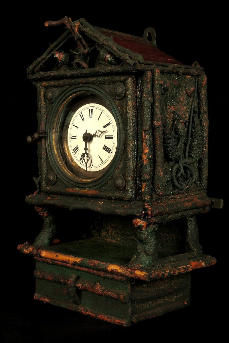Ancienne Horloge Murale, Art Populaire Vers 1880 / Pendule Montre Foret Noire Allemagne-photo-1