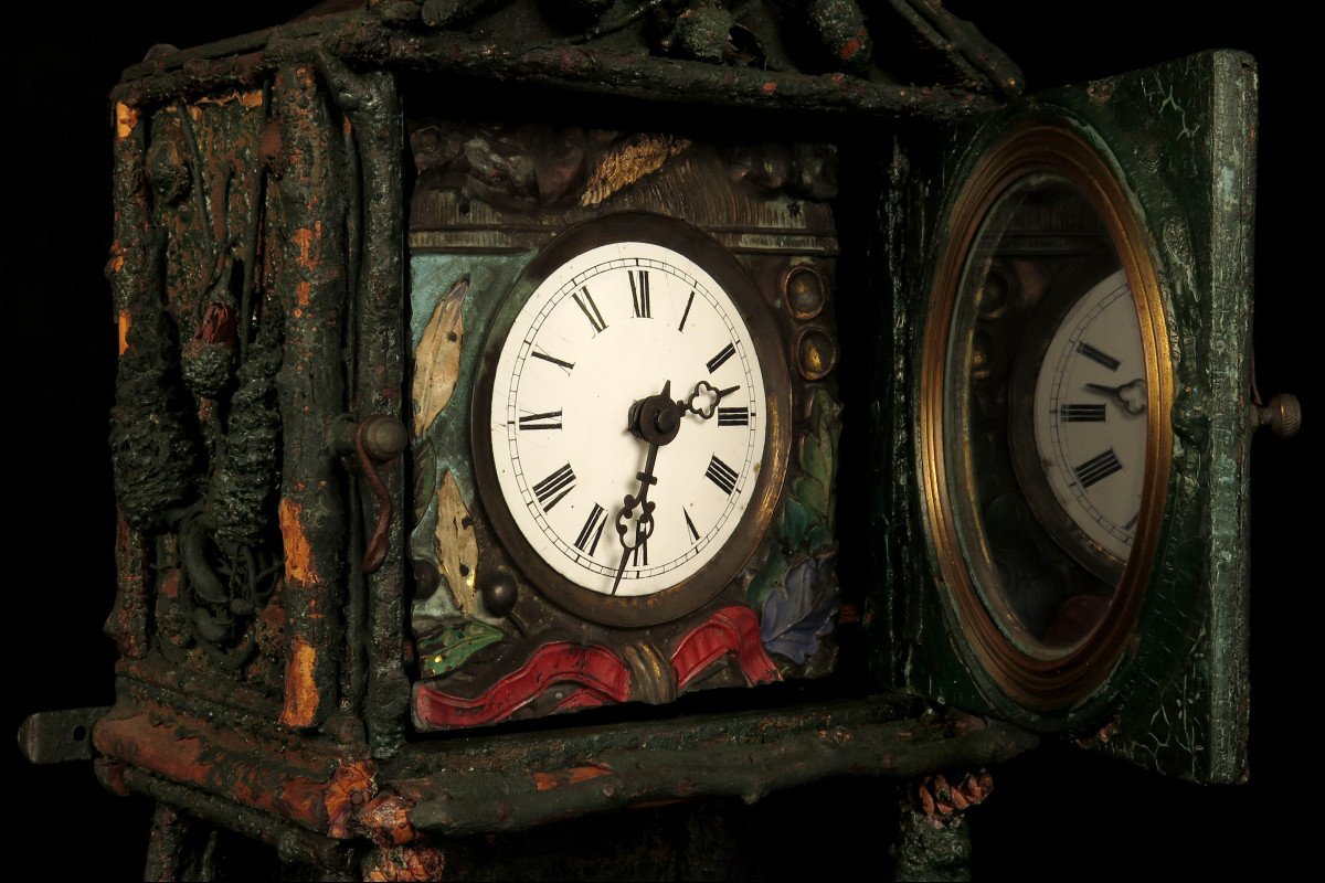Ancienne Horloge Murale, Art Populaire Vers 1880 / Pendule Montre Foret Noire Allemagne-photo-6
