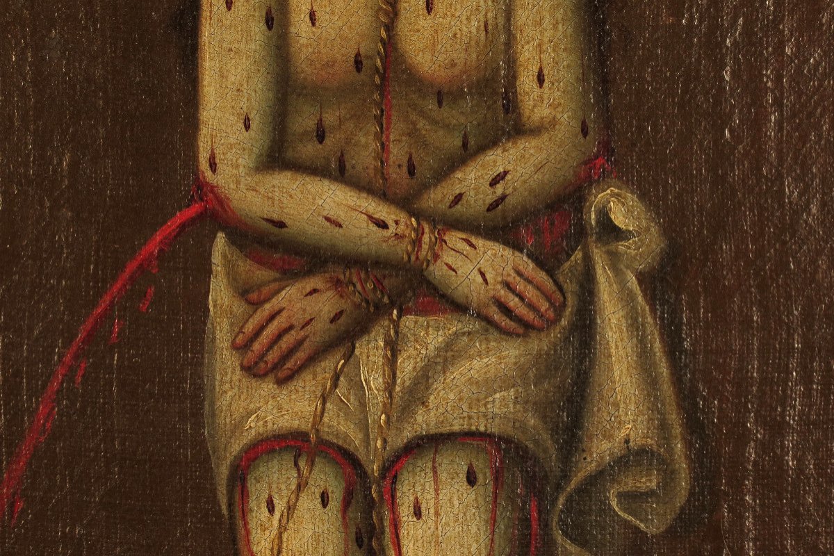 étonnante Et Ancienne Peinture à l'Huile Espagnole, C.1800 / Christ Sang Cabinet Curiosités-photo-1
