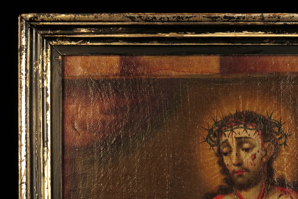 étonnante Et Ancienne Peinture à l'Huile Espagnole, C.1800 / Christ Sang Cabinet Curiosités-photo-4