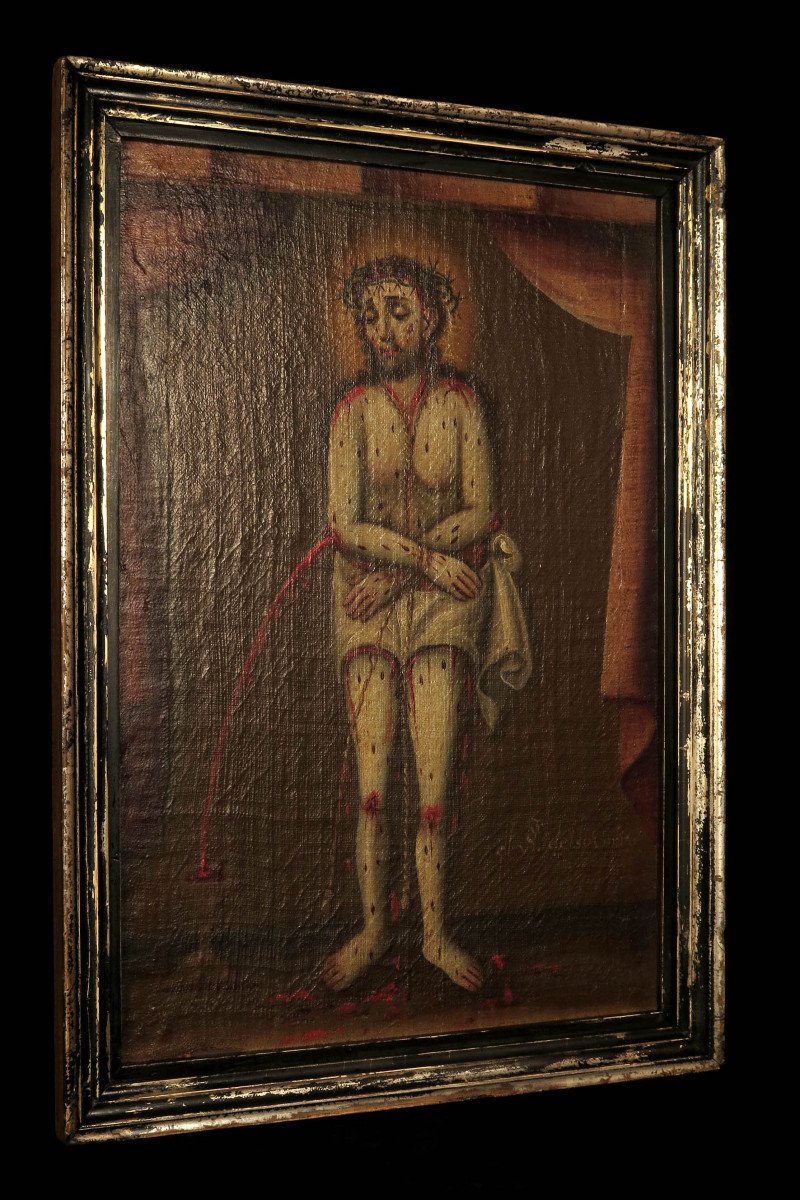 étonnante Et Ancienne Peinture à l'Huile Espagnole, C.1800 / Christ Sang Cabinet Curiosités-photo-6