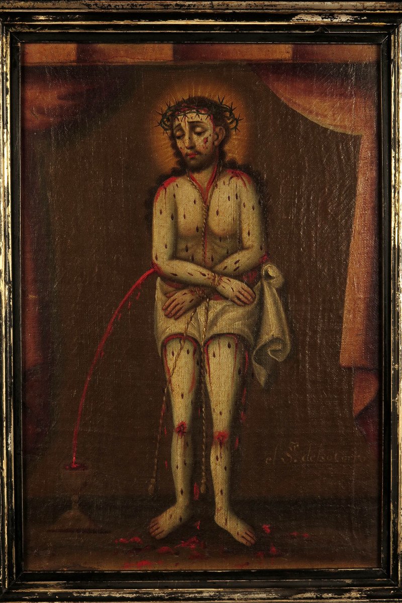 étonnante Et Ancienne Peinture à l'Huile Espagnole, C.1800 / Christ Sang Cabinet Curiosités