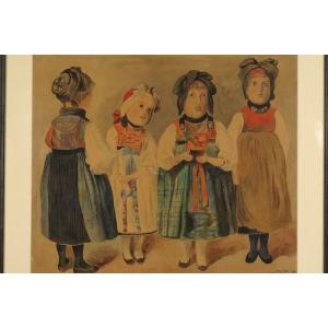 étonnant Portrait De Jeunes Filles, Signé Georg Hackl Daté 1908 / Aquarelle Art Naif Peinture