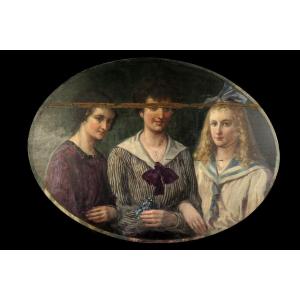 Imposing And Old Oil Painting On Panel, Trio Of Young Women Dated 1919.