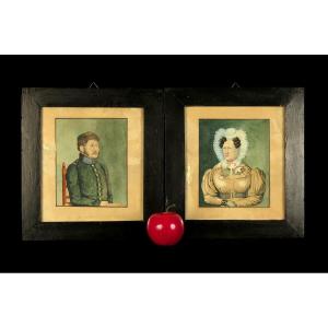 Astonishing And Old Pair Of Portraits, Watercolors Circa 1800 / Military Man And Woman