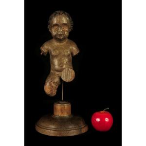 Ancien Christ Enfant En Bois Sculpté Polychrome, Vers 1700 / Sculpture XVIIeme XVIIIeme