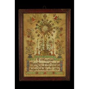 Ancien tableau votif, art populaire Alsace vers 1800 / papier découpé peint