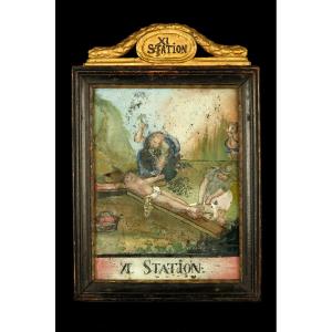 Rare Stations Of The Cross Element, Affixed Around 1800. Painting Under Glass, Crucifixion Of Christ