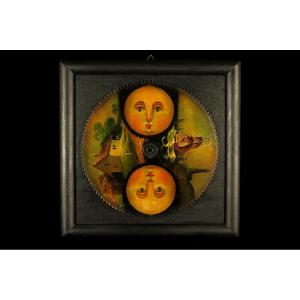 Antique Polychrome Clock Gear, Circa 1800 / Moon Painting