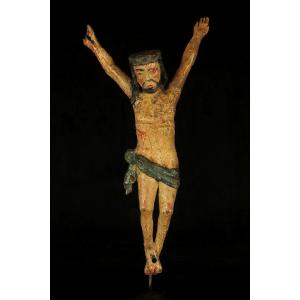 Ancien Christ en bois sculpté polychrome, art populaire vers 1800