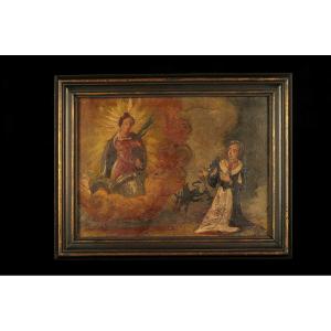 Ancien Ex Voto, peinture votive vers 1850 / Religieuse Diable Cabinet Curiosités