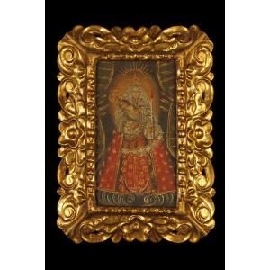 Ancienne peinture à l'huile sur toile, école de Cuzco vers 1850 / Vierge à l'Enfant