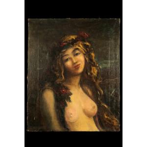 Ancienne peinture à l'huile sur toile, vers 1900. Portrait en buste d'une jeune femme dénudée.