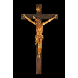 Ancien et imposant Christ sur Croix, art populaire vers 1850.
