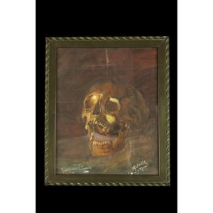 Ancienne aquarelle, vanité vers 1920 / Peinture Memento Mori Cabinet Curiosités