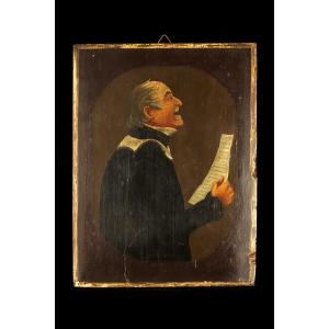 Antique Oil Painting On Panel, Circa 1880 / Portrait Of A Priest, Folk Art
