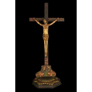 Antique Crucifix, Christ On The Cross, Circa 1850 / Folk Art, Polychrome Wood Sculpture