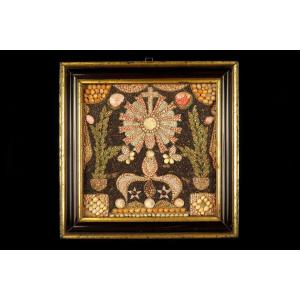 Antique Religious Composition Made Of Seashells, Folk Art Circa 1880.