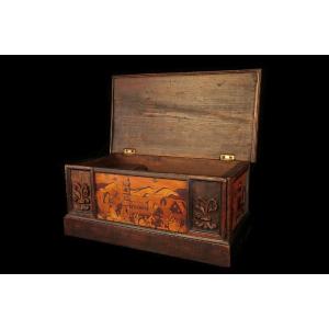 Antique Box With Folk-art Marquetry, Originally From Switzerland, Circa 1850.