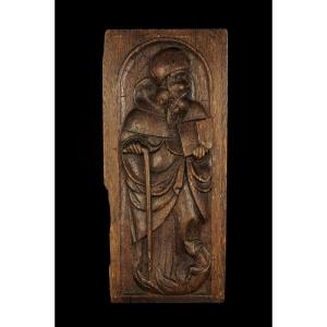 Ancien sculpture sur chêne, bas relief religieux d'un Saint, 18eme ou antérieur