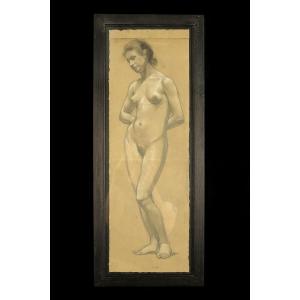 An Old Charcoal Drawing, An Academic Female Nude From Around 1900.