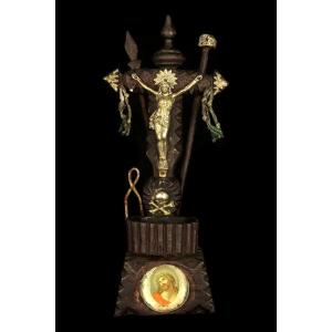 Antique Small Crucifix, Folk Art, Circa 1880 / Carved From Holy Water Font Oak