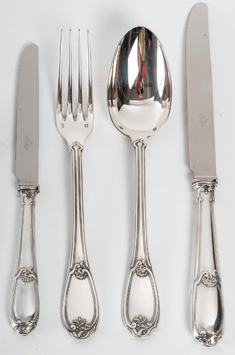 Goldsmith Henin - Cutlery Set In Sterling Silver 120 Pieces - Minerva - XXth-photo-2