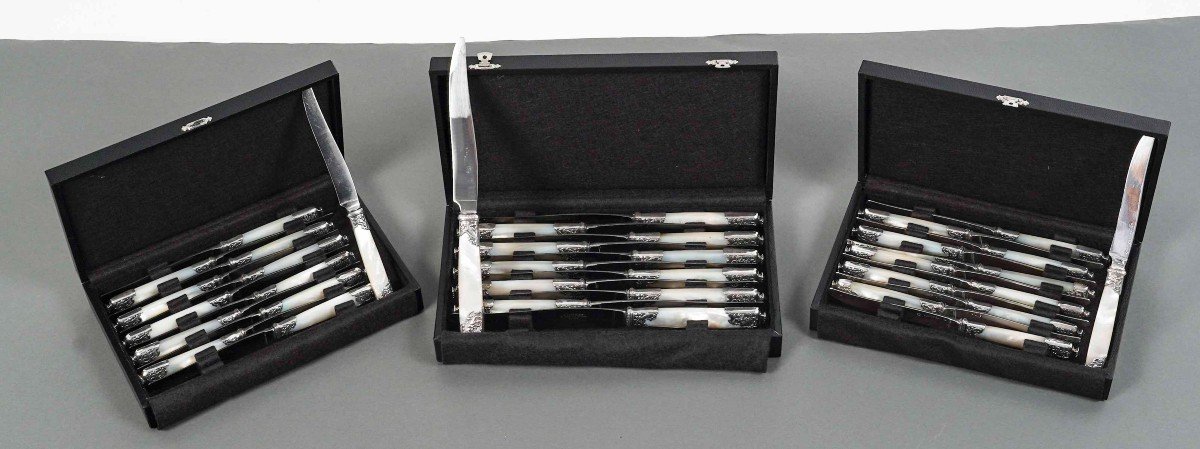 Orfèvre Merite - Ensemble De 36 Couteaux En Nacre Et Argent Fin XIXe-photo-7