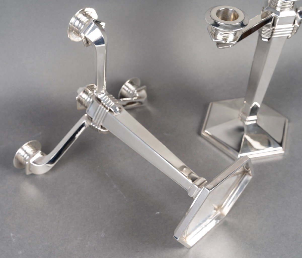 Jean E. Puiforcat – Pair Of Solid Silver Candelabras Artdeco Period Circa 1930-photo-1