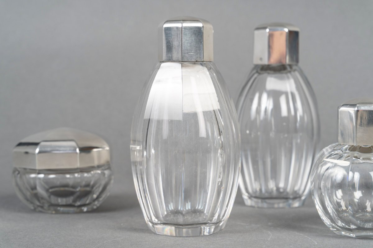 Christofle/ Baccarat – Set Of 5 Art Deco Bottles Circa 1930-photo-3