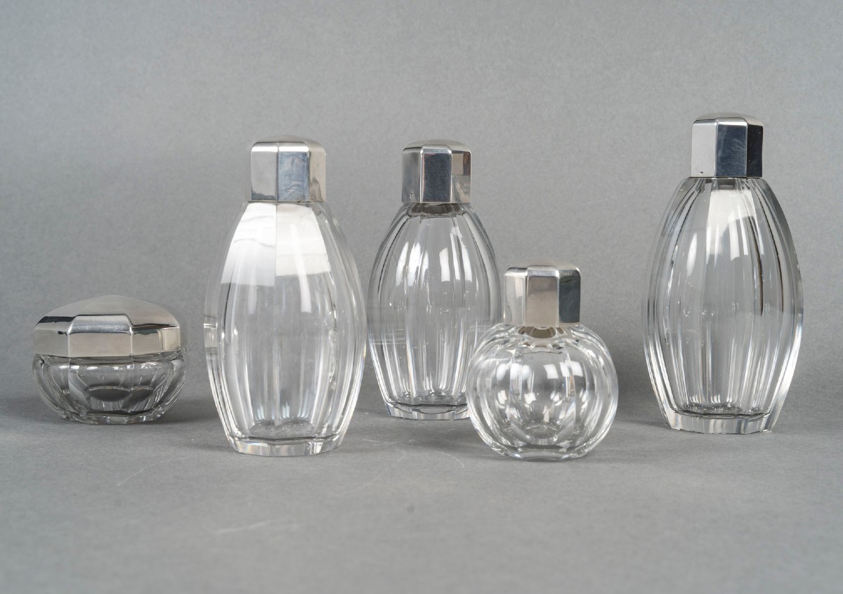 Christofle/ Baccarat – Set Of 5 Art Deco Bottles Circa 1930