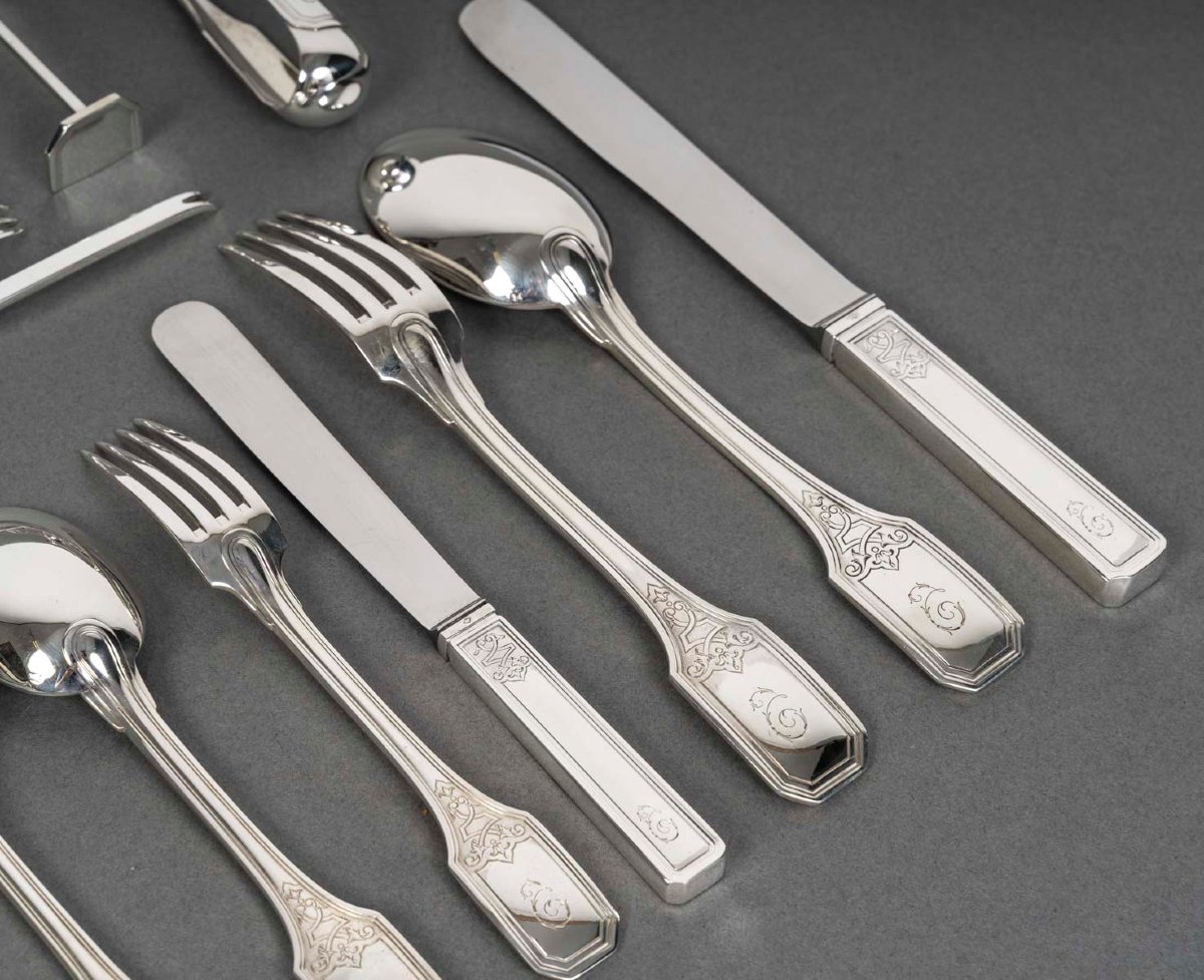 JEAN TETARD - MENAGERE EN ARGENT MASSIF199 PIECES - Epoque 1930-photo-4
