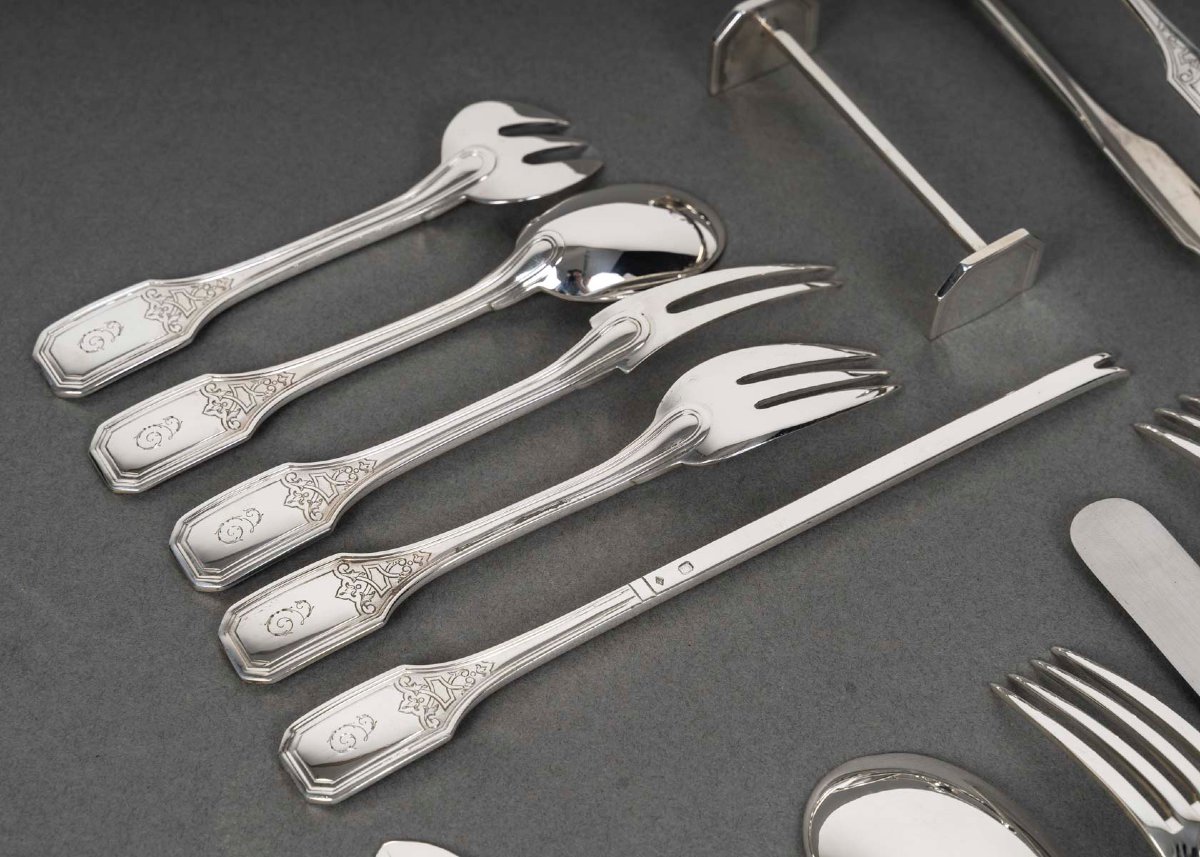 JEAN TETARD - MENAGERE EN ARGENT MASSIF199 PIECES - Epoque 1930-photo-6