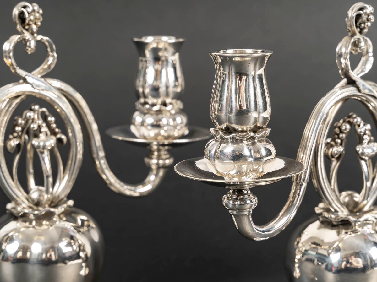  Pair Of Solid Silver Candelabras – Georg Jensen, Art Deco Period-photo-2