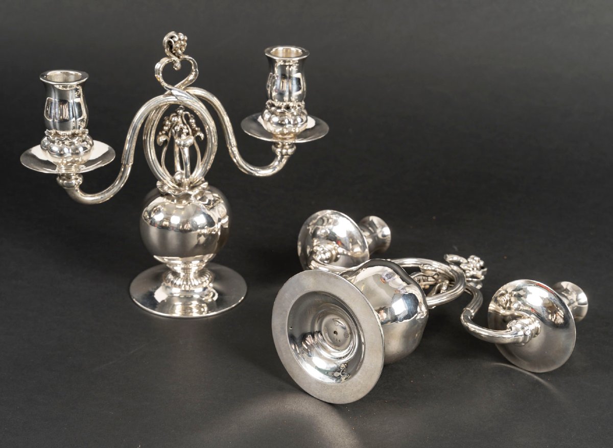  Pair Of Solid Silver Candelabras – Georg Jensen, Art Deco Period-photo-4
