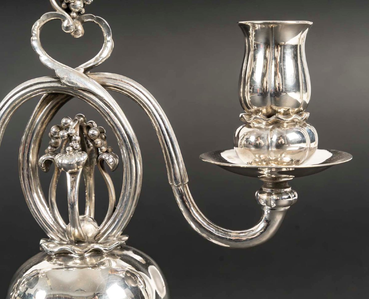  Pair Of Solid Silver Candelabras – Georg Jensen, Art Deco Period-photo-4