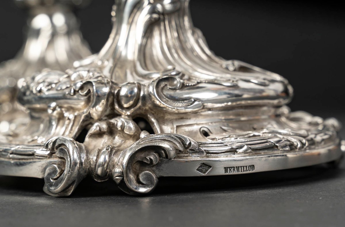 Goldsmith Eugène Mermillod – Pair Of Solid Silver And Baccarat Crystal Bowls – 19th Century-photo-4