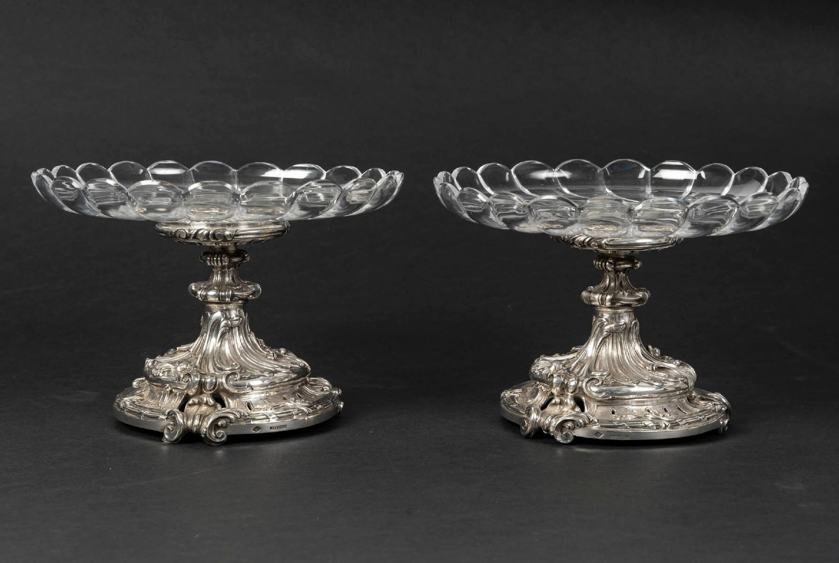 Goldsmith Eugène Mermillod – Pair Of Solid Silver And Baccarat Crystal Bowls – 19th Century