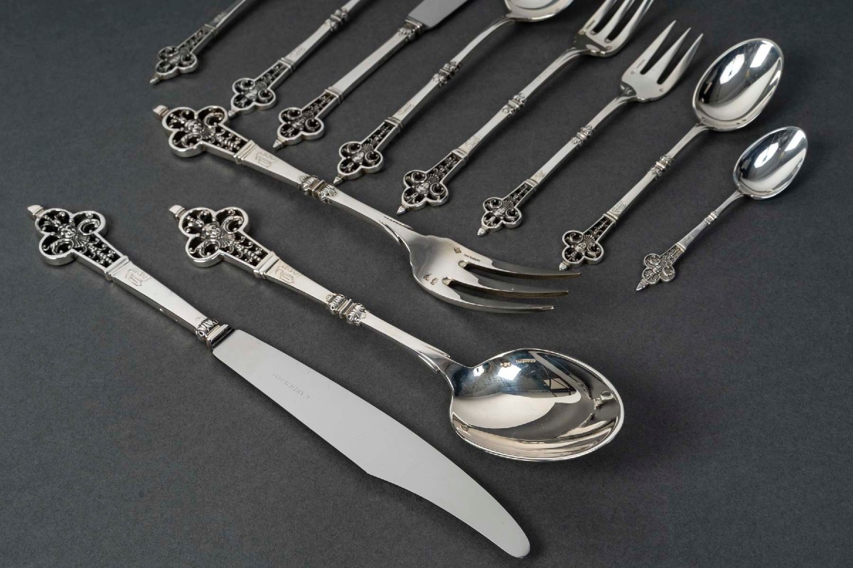 Cardeilhac - 150-piece Silver Cutlery Set, "renaissance" Model, 20th Century-photo-3