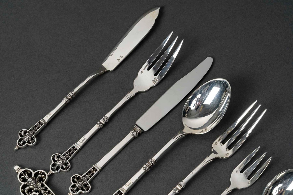 Cardeilhac - 150-piece Silver Cutlery Set, "renaissance" Model, 20th Century-photo-4
