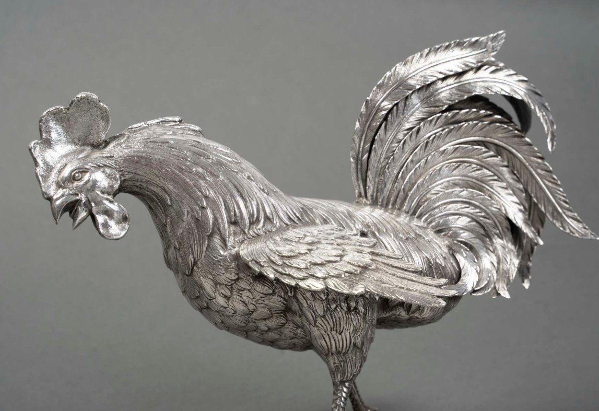 Goldsmith Eschwege Pair Of Solid Silver Fighting Cocks Circa 1950 -photo-2