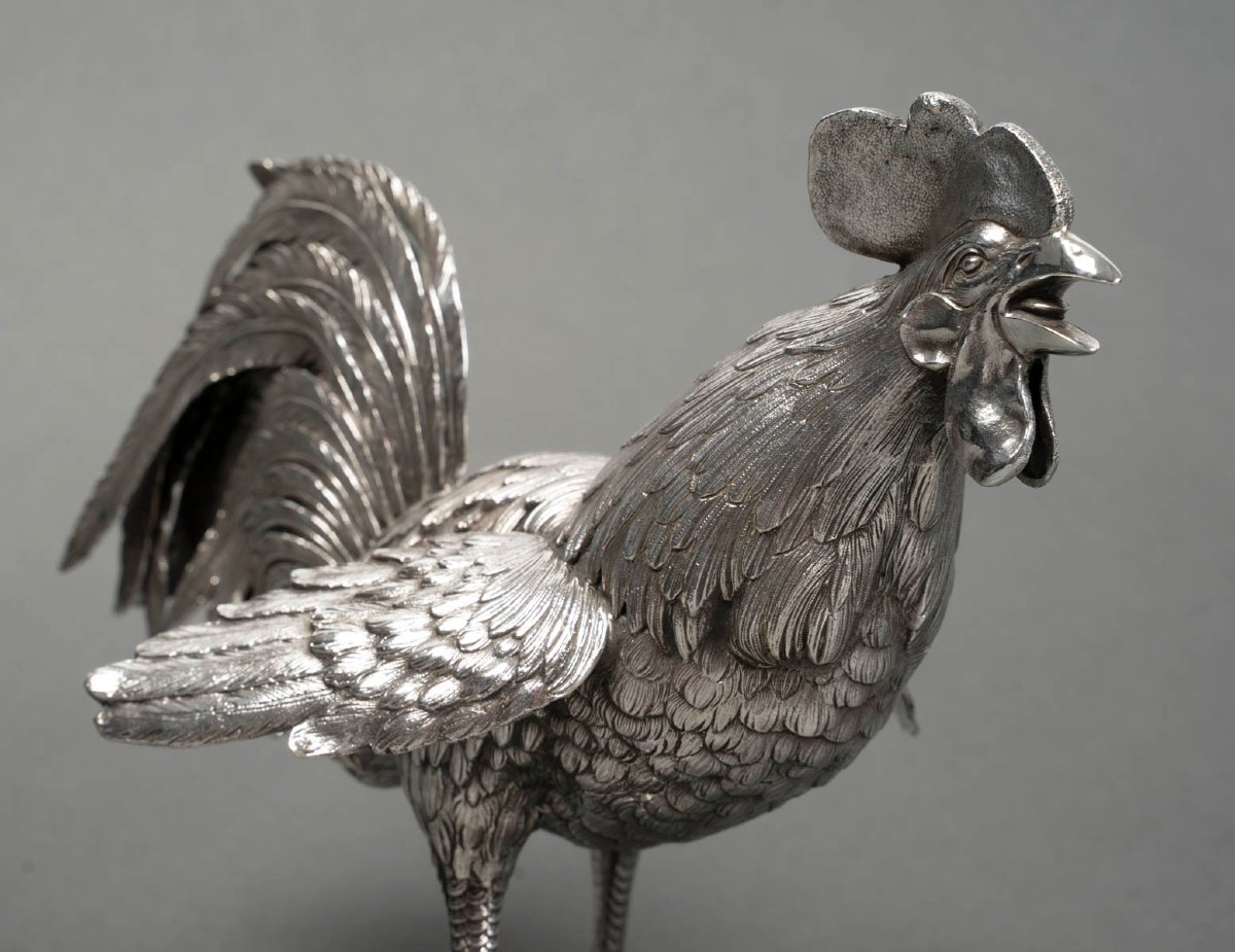 Goldsmith Eschwege Pair Of Solid Silver Fighting Cocks Circa 1950 -photo-3
