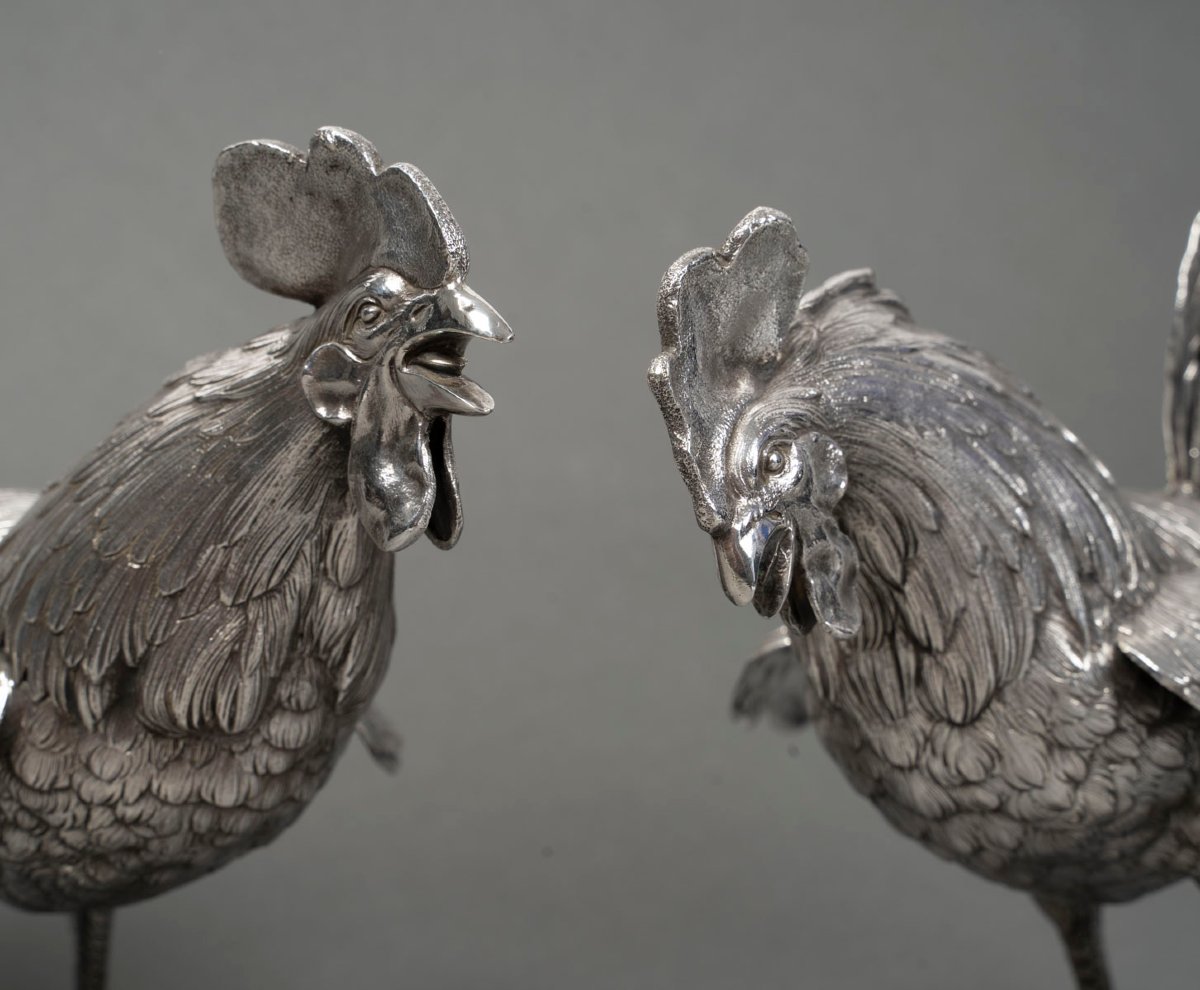 Goldsmith Eschwege Pair Of Solid Silver Fighting Cocks Circa 1950 -photo-2