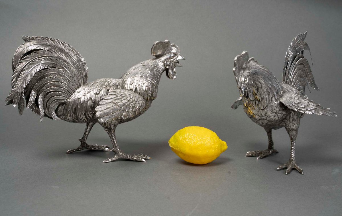 Goldsmith Eschwege Pair Of Solid Silver Fighting Cocks Circa 1950 -photo-3