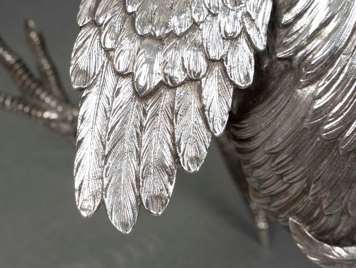 Goldsmith Eschwege Pair Of Solid Silver Fighting Cocks Circa 1950 -photo-6