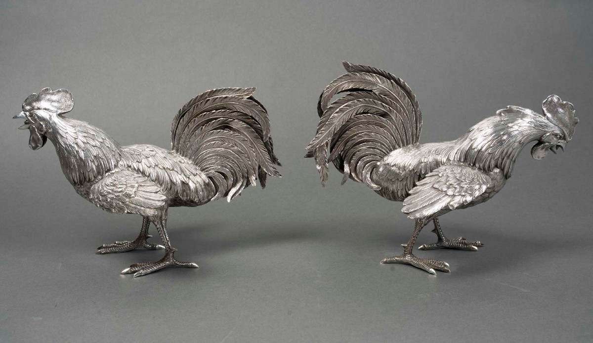 Goldsmith Eschwege Pair Of Solid Silver Fighting Cocks Circa 1950 -photo-7