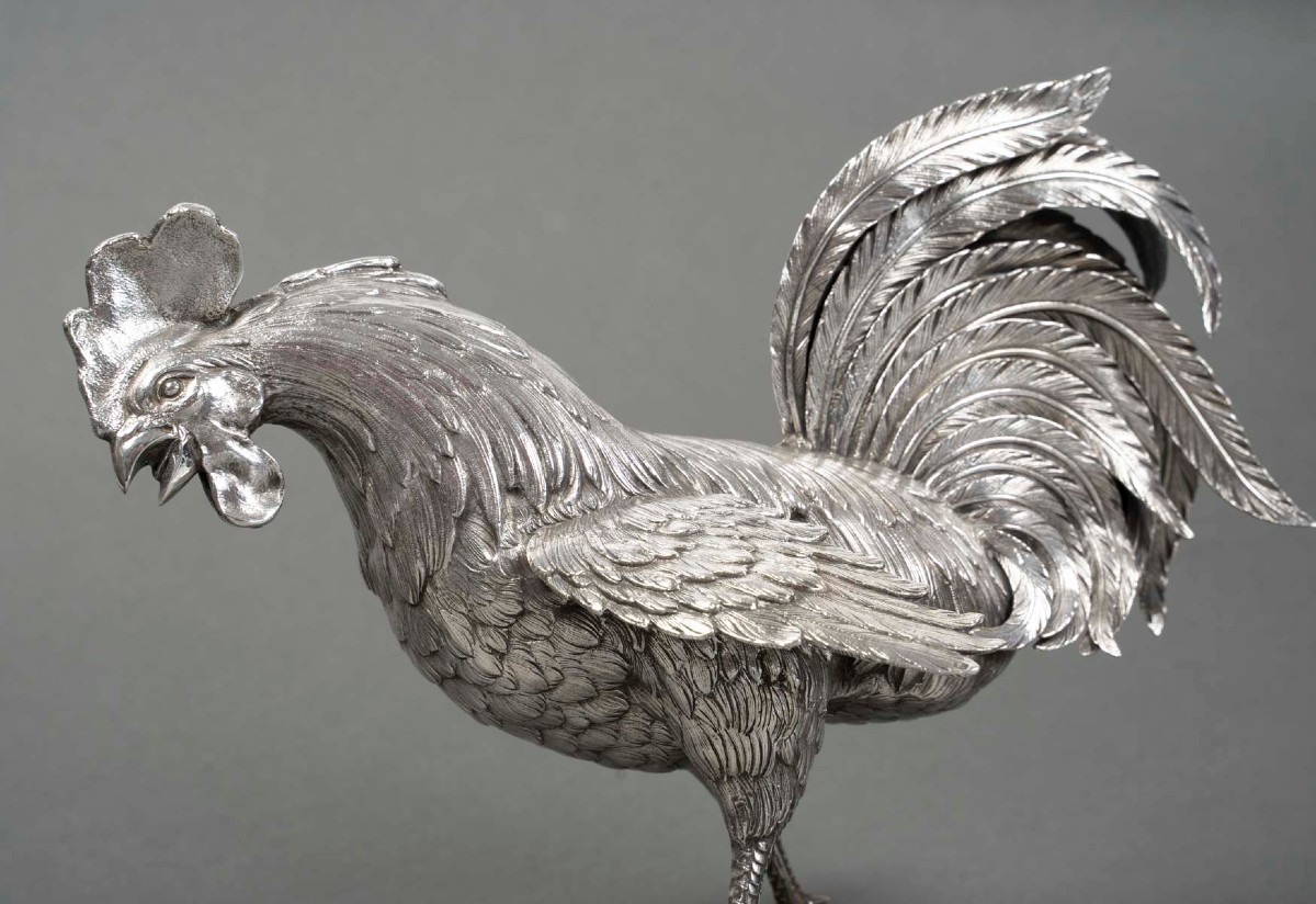 Goldsmith Eschwege Pair Of Solid Silver Fighting Cocks Circa 1950 -photo-8