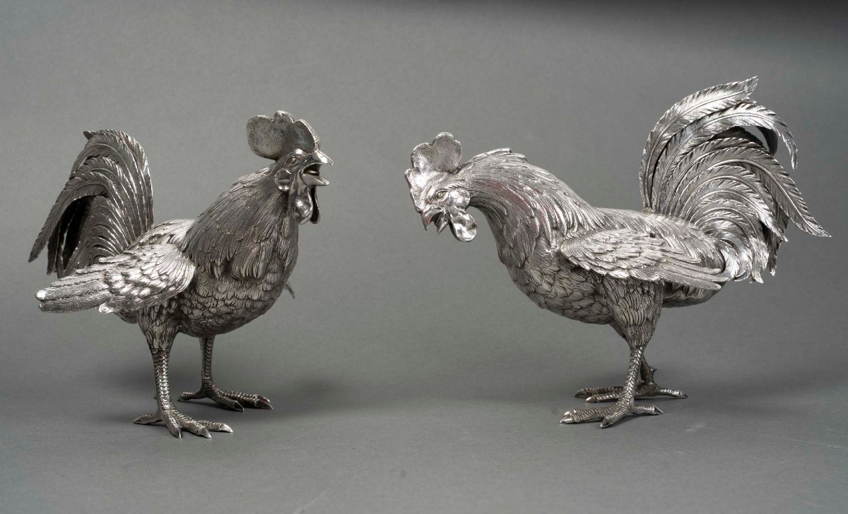 Goldsmith Eschwege Pair Of Solid Silver Fighting Cocks Circa 1950 