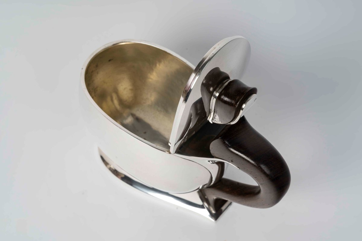 Jean Tetard – Oval Covered Sugar Bowl With Handle In Solid Silver, Art Deco Period -photo-3
