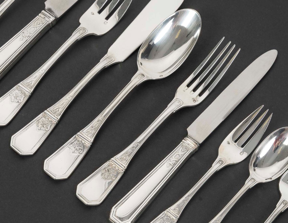 JEAN TETARD – C. CHRISTOFLE MENAGERE de 144 PIECES EN ARGENT MASSIF MODELE AUBUSSON Epoque 1930-photo-3
